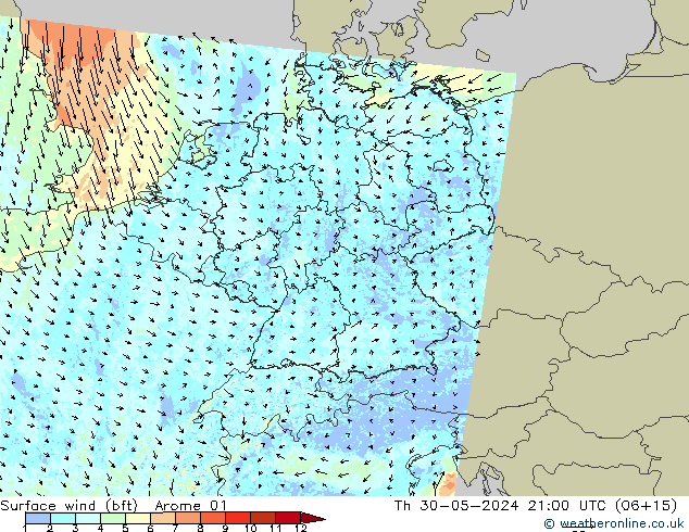 Wind 10 m (bft) Arome 01 do 30.05.2024 21 UTC