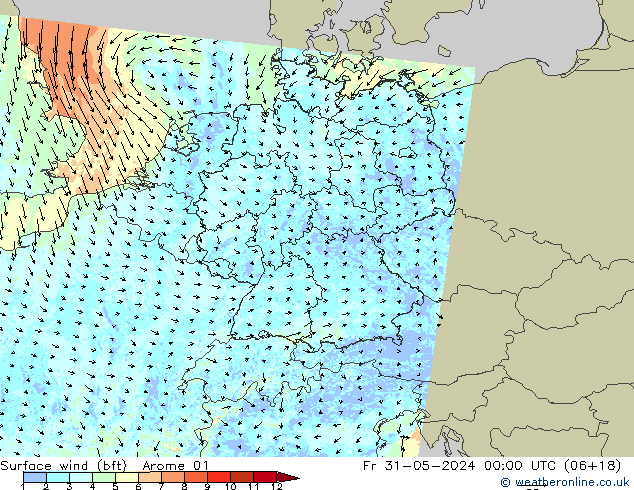 wiatr 10 m (bft) Arome 01 pt. 31.05.2024 00 UTC