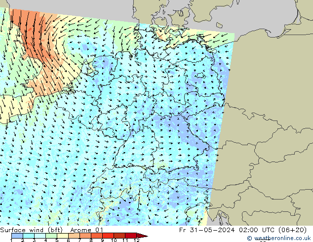 Wind 10 m (bft) Arome 01 vr 31.05.2024 02 UTC