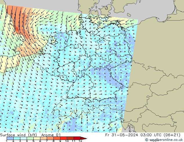 Surface wind (bft) Arome 01 Fr 31.05.2024 03 UTC