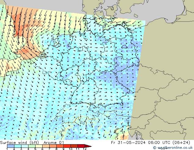 Bodenwind (bft) Arome 01 Fr 31.05.2024 06 UTC