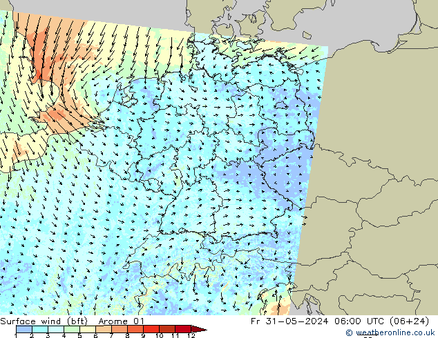 Vento 10 m (bft) Arome 01 Sex 31.05.2024 06 UTC