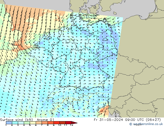 Surface wind (bft) Arome 01 Pá 31.05.2024 09 UTC