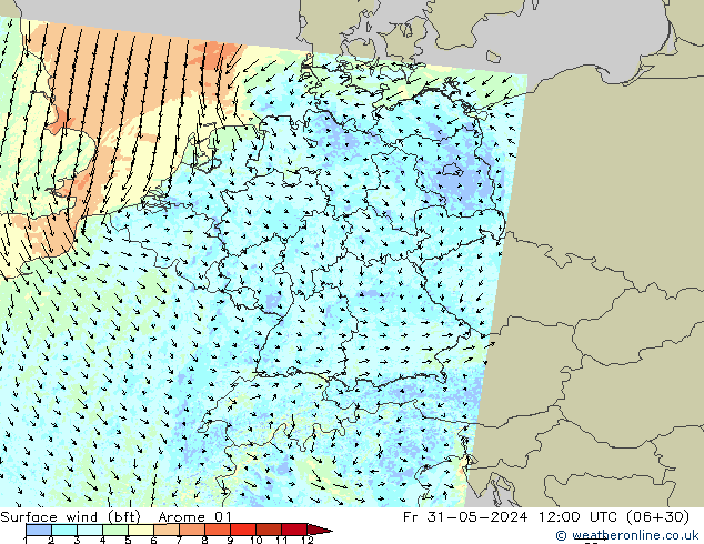 Surface wind (bft) Arome 01 Fr 31.05.2024 12 UTC