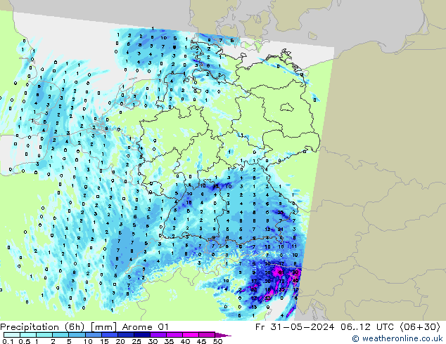 Precipitación (6h) Arome 01 vie 31.05.2024 12 UTC