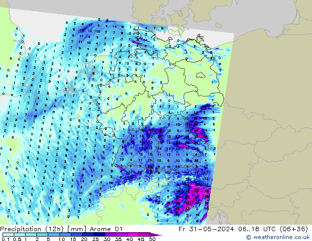 Totale neerslag (12h) Arome 01 vr 31.05.2024 18 UTC