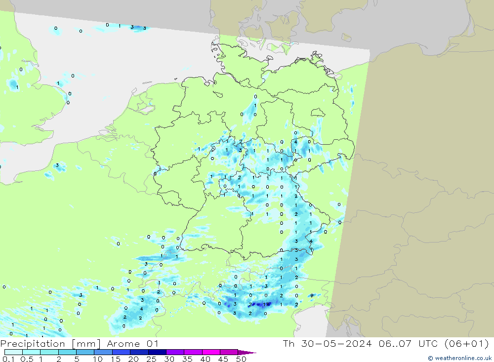 Niederschlag Arome 01 Do 30.05.2024 07 UTC