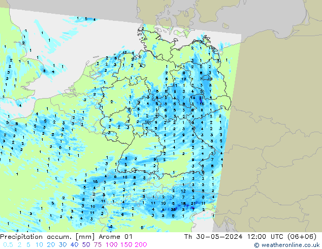 Precipitation accum. Arome 01 Čt 30.05.2024 12 UTC