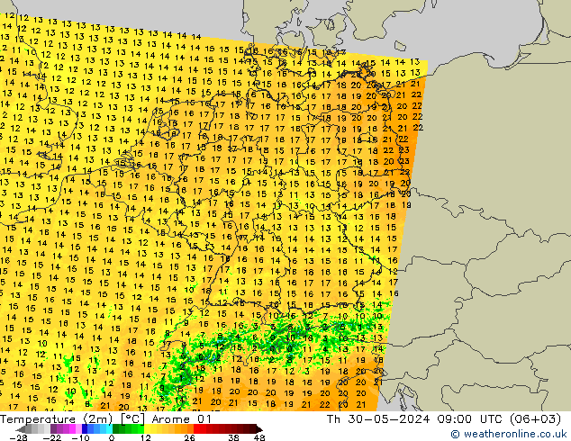 Temperatura (2m) Arome 01 Qui 30.05.2024 09 UTC