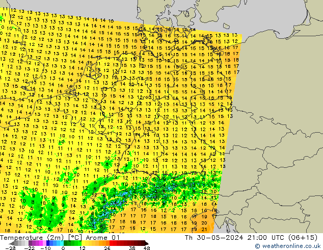Temperatuurkaart (2m) Arome 01 do 30.05.2024 21 UTC