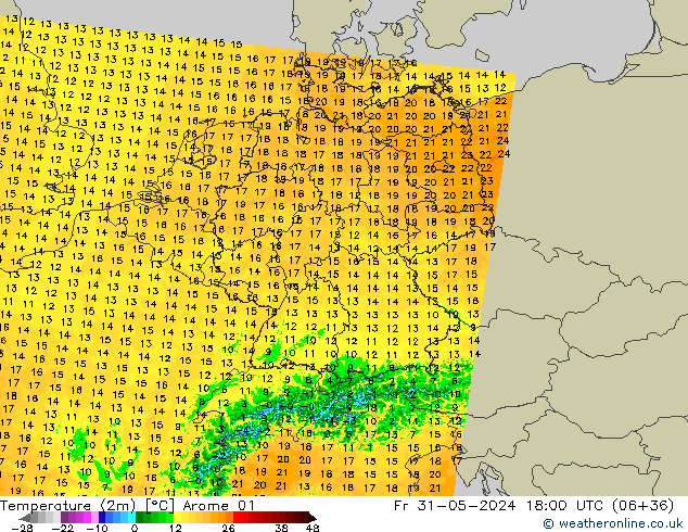 Temperatuurkaart (2m) Arome 01 vr 31.05.2024 18 UTC