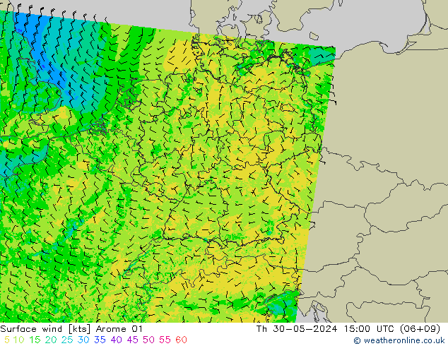 Surface wind Arome 01 Čt 30.05.2024 15 UTC