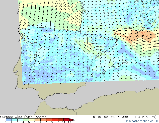 Wind 10 m (bft) Arome 01 do 30.05.2024 09 UTC
