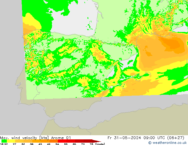 Maks. Rüzgar Hızı Arome 01 Cu 31.05.2024 09 UTC