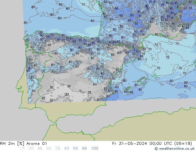 RH 2m Arome 01 Fr 31.05.2024 00 UTC