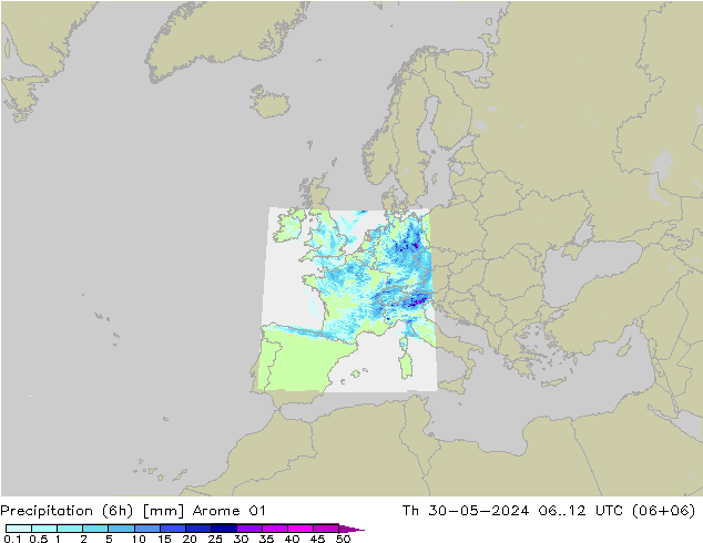 Precipitation (6h) Arome 01 Th 30.05.2024 12 UTC