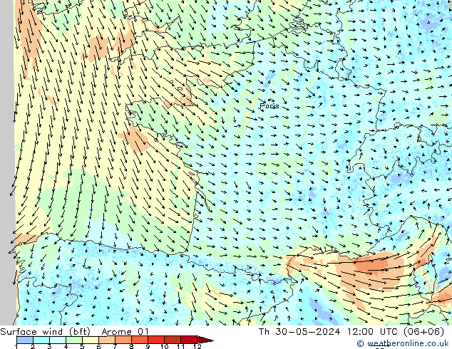 Surface wind (bft) Arome 01 Th 30.05.2024 12 UTC