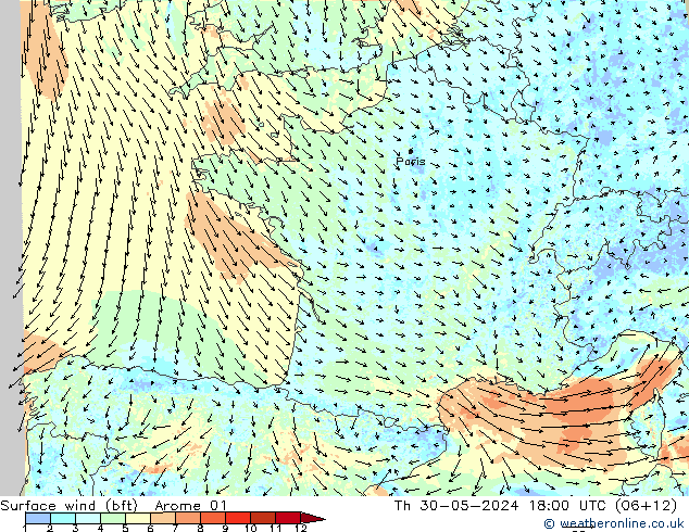 Surface wind (bft) Arome 01 Čt 30.05.2024 18 UTC