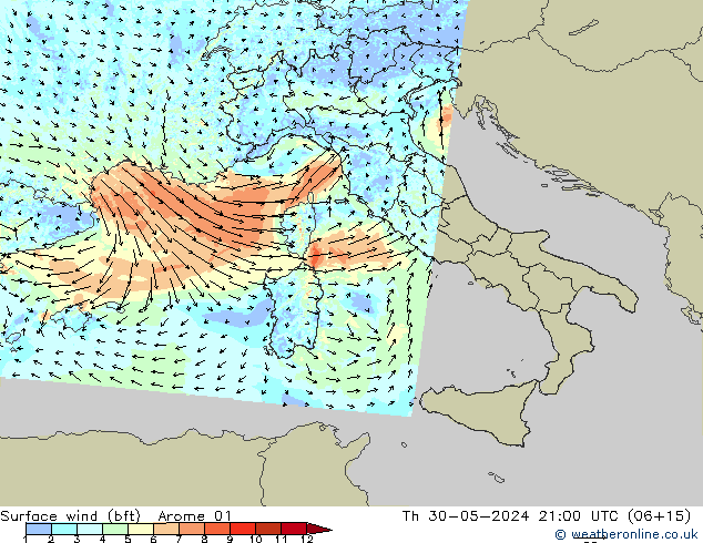 Surface wind (bft) Arome 01 Th 30.05.2024 21 UTC