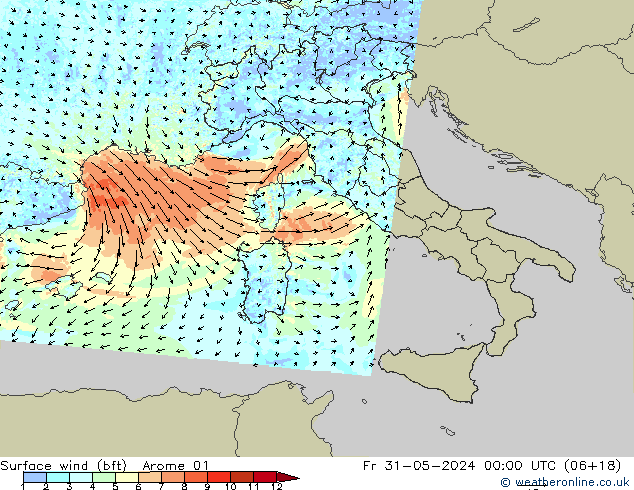  10 m (bft) Arome 01  31.05.2024 00 UTC