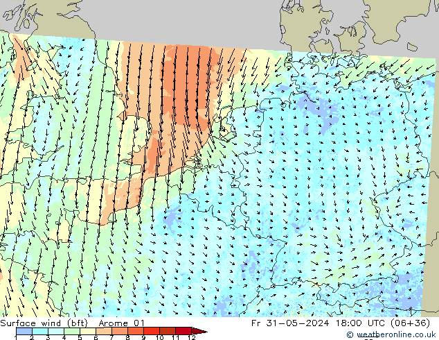 Rüzgar 10 m (bft) Arome 01 Cu 31.05.2024 18 UTC