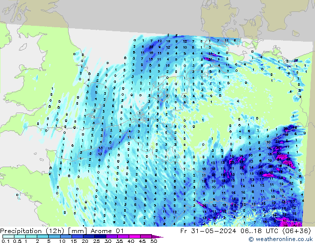 Totale neerslag (12h) Arome 01 vr 31.05.2024 18 UTC