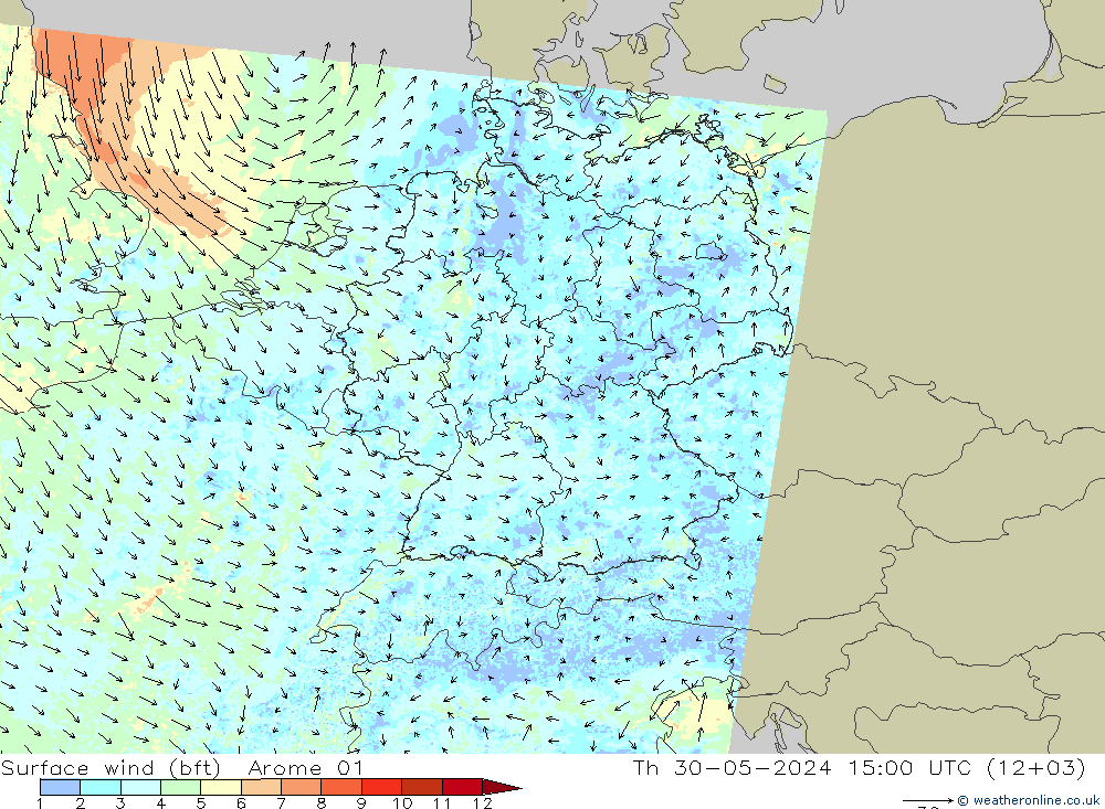 Surface wind (bft) Arome 01 Th 30.05.2024 15 UTC