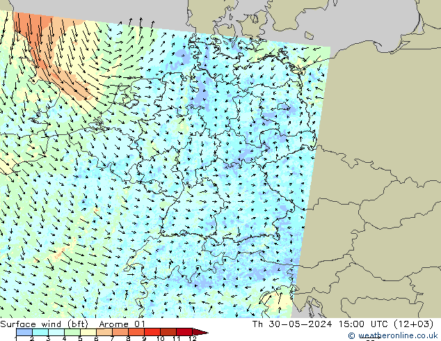 Viento 10 m (bft) Arome 01 jue 30.05.2024 15 UTC