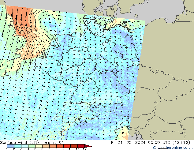 Bodenwind (bft) Arome 01 Fr 31.05.2024 00 UTC