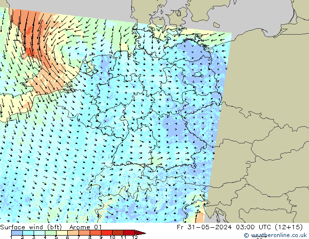 Surface wind (bft) Arome 01 Fr 31.05.2024 03 UTC