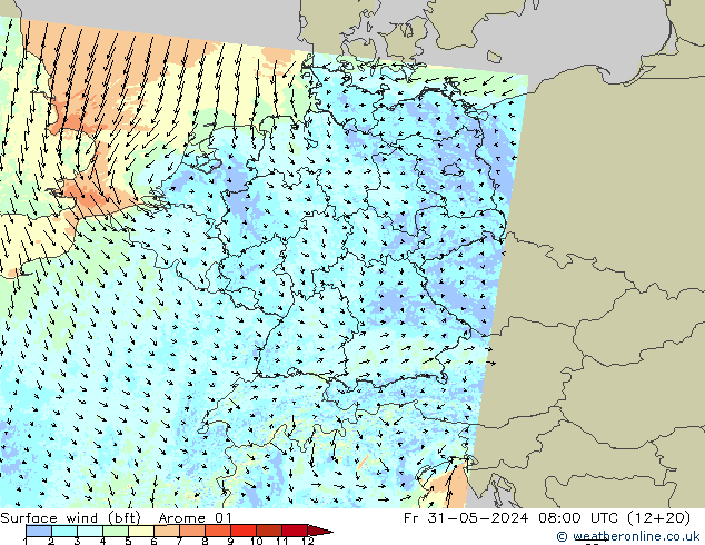 Vent 10 m (bft) Arome 01 ven 31.05.2024 08 UTC