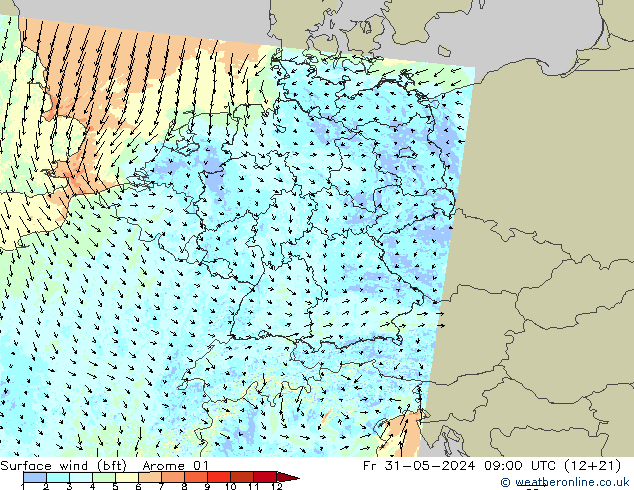 Wind 10 m (bft) Arome 01 vr 31.05.2024 09 UTC