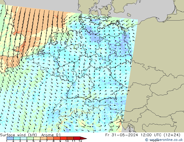 Surface wind (bft) Arome 01 Pá 31.05.2024 12 UTC