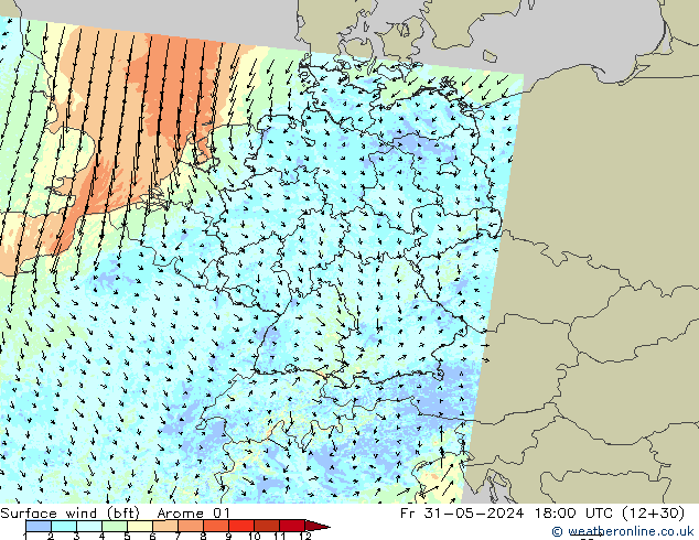 Wind 10 m (bft) Arome 01 vr 31.05.2024 18 UTC