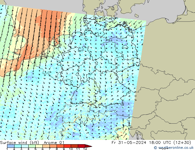  10 m (bft) Arome 01  31.05.2024 18 UTC