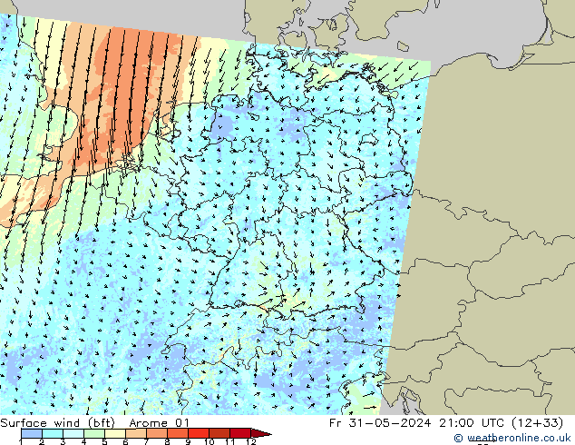 Surface wind (bft) Arome 01 Fr 31.05.2024 21 UTC