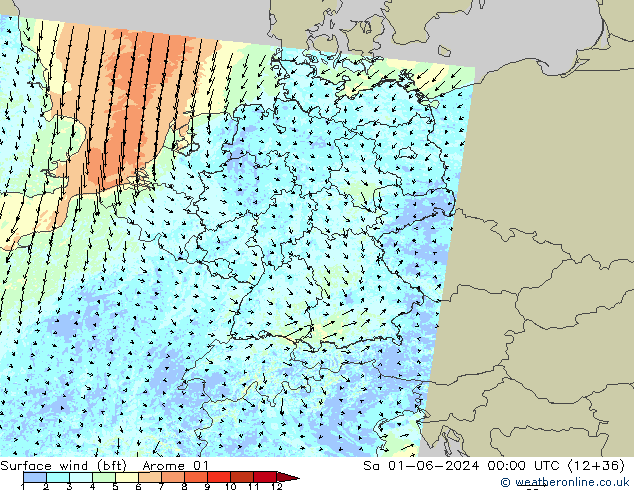 wiatr 10 m (bft) Arome 01 so. 01.06.2024 00 UTC