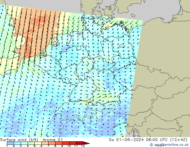 Bodenwind (bft) Arome 01 Sa 01.06.2024 06 UTC