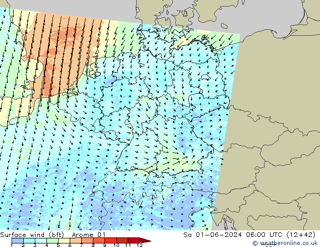 Surface wind (bft) Arome 01 So 01.06.2024 06 UTC