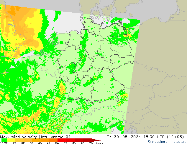 Max. wind velocity Arome 01  30.05.2024 18 UTC