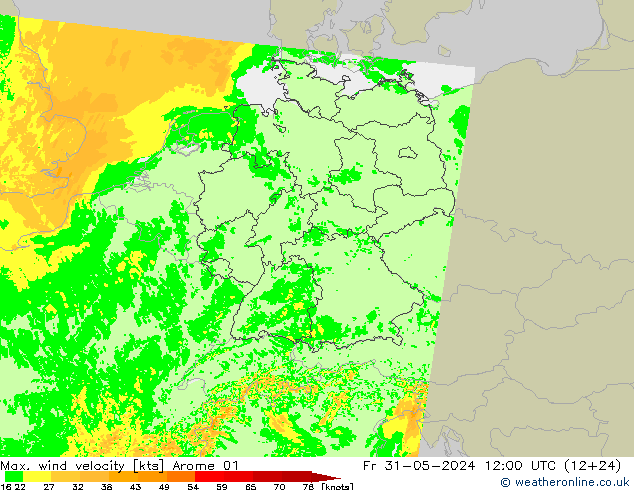 Max. wind velocity Arome 01 Pá 31.05.2024 12 UTC