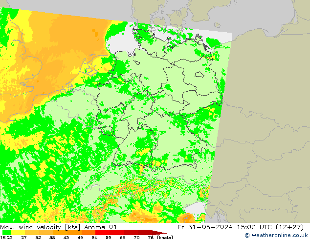 Max. wind velocity Arome 01 vie 31.05.2024 15 UTC