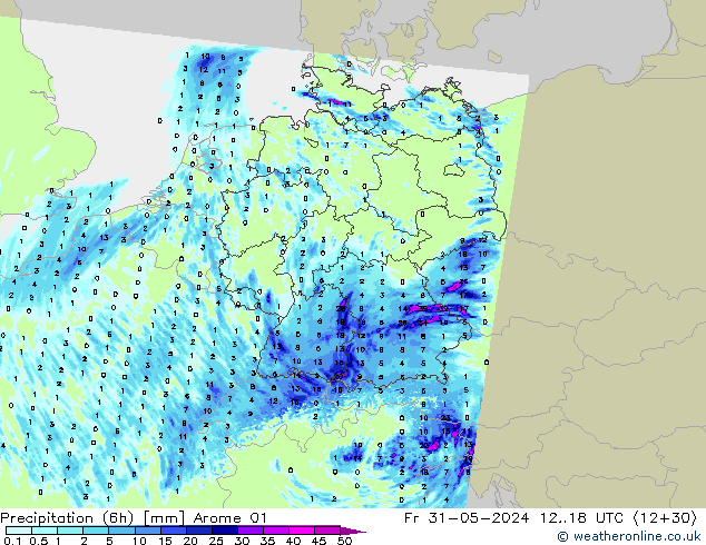 Precipitação (6h) Arome 01 Sex 31.05.2024 18 UTC