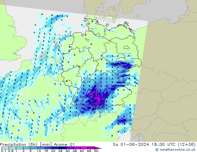 Precipitation (6h) Arome 01 Sa 01.06.2024 00 UTC