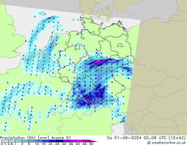 Precipitation (6h) Arome 01 Sa 01.06.2024 06 UTC