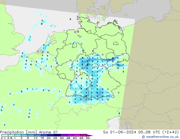 Srážky Arome 01 So 01.06.2024 06 UTC