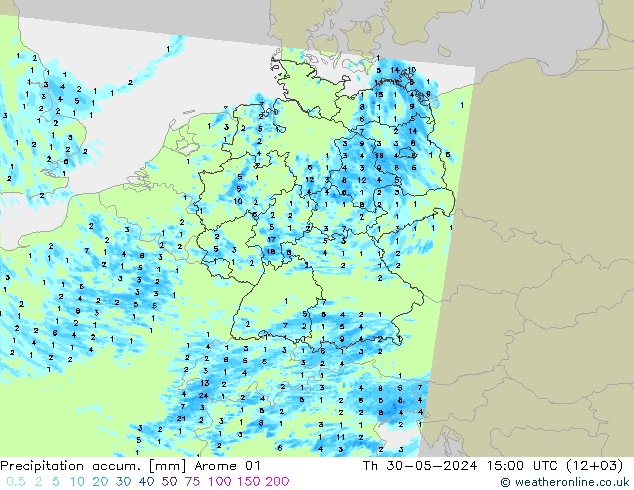 Precipitation accum. Arome 01 Čt 30.05.2024 15 UTC