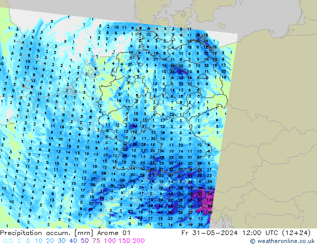 Precipitation accum. Arome 01 Fr 31.05.2024 12 UTC