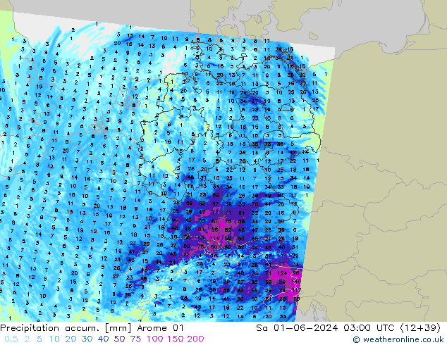 Precipitación acum. Arome 01 sáb 01.06.2024 03 UTC