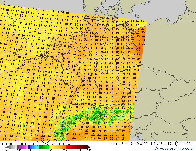 Temperatuurkaart (2m) Arome 01 do 30.05.2024 13 UTC